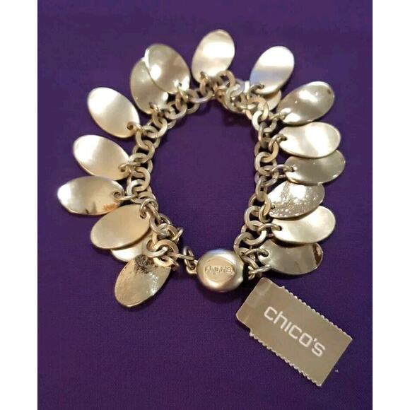 Chico's Signed Silver Tone Chain Charm Bracelet Matte Textured Shiny Oval Discs - Picture 1 of 7